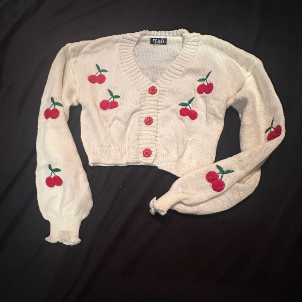 Cherry Embroidered White Cardigan - Picture 2 of 6